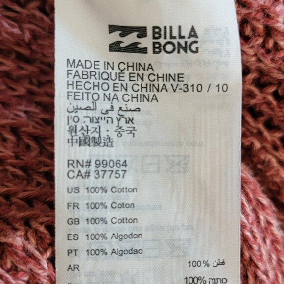 Billabong Women L Russet Open Knit Cardigan 100% Cotton Long Duster Pockets Cozy - Picture 9 of 11